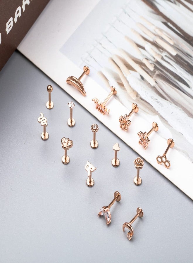 NICEIGHT 15PCS 16G 316L Stainless Steel Cartilage Earring Stud Internal Thread CZ Flower Moon Labret Studs Tragus Helix Monroe Piercing Jewelry Rose Gold - Image 3